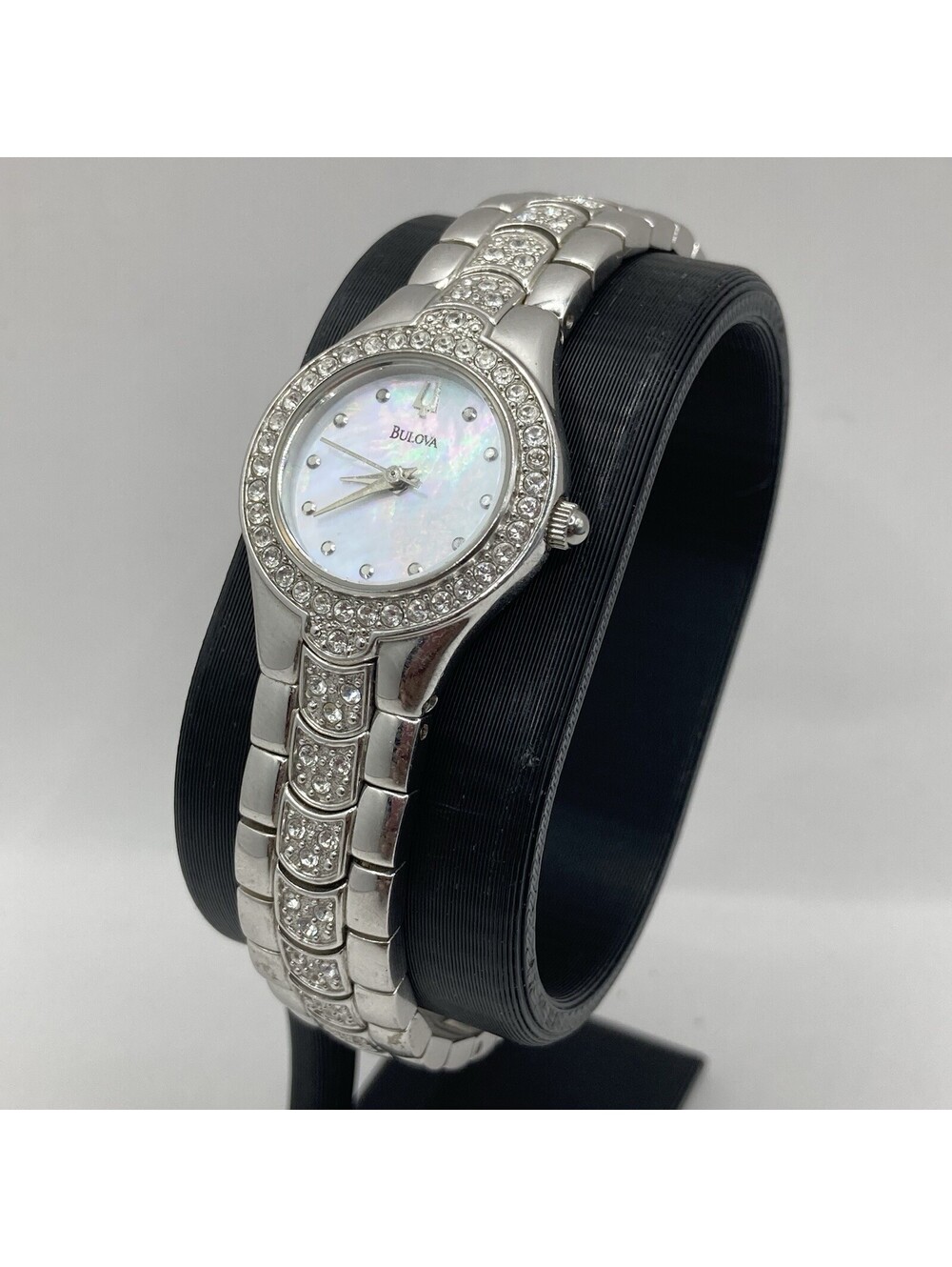 Women’s Bulova Watch Stainless Steel Crystal Bezel Mother of Pearl Dial 96T14